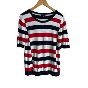 Talbots L Petite Stripe Knit Top Cotton Blend Red Navy Blue White Short Sleeve